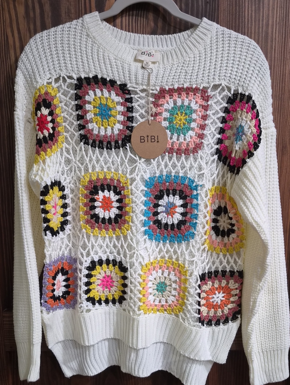 BiBi Cream Crochet Grid Pullover with Multicolor Squares Sz M